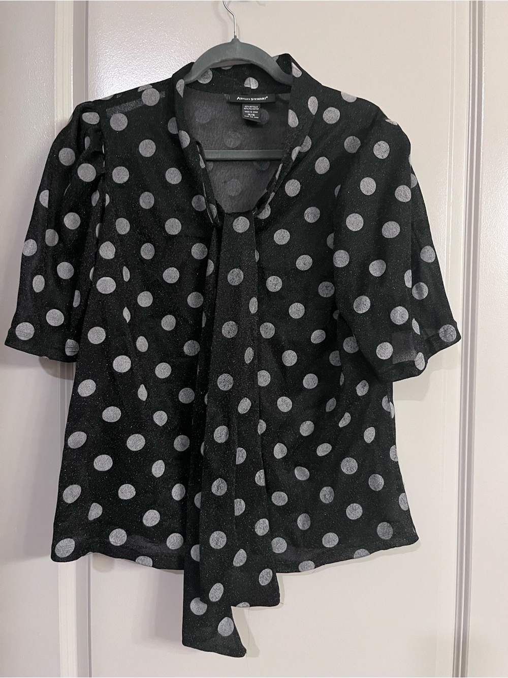 Ashley Stewart Black & White Polka Dot Tie-Neck Blouse